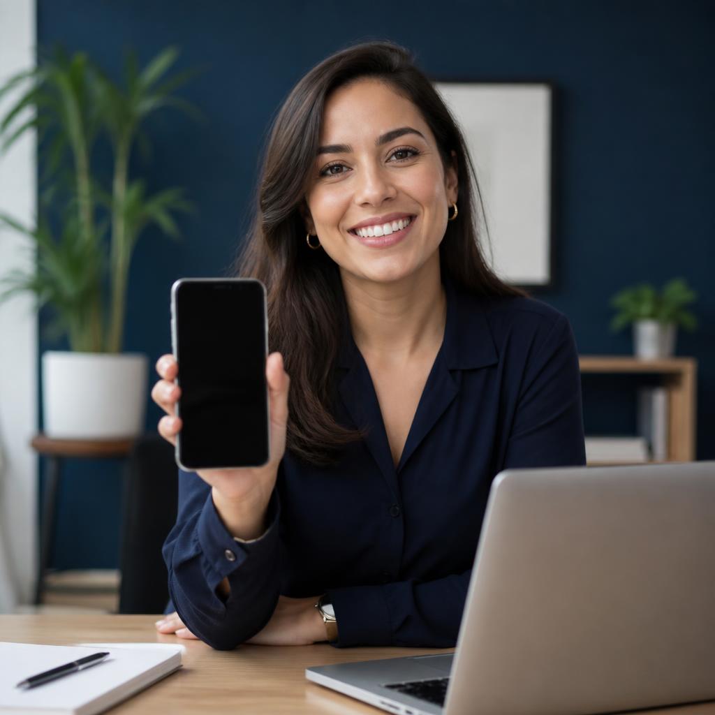 Asesora contable sonriendo mientras muestra su teléfono para atender consultas por WhatsApp